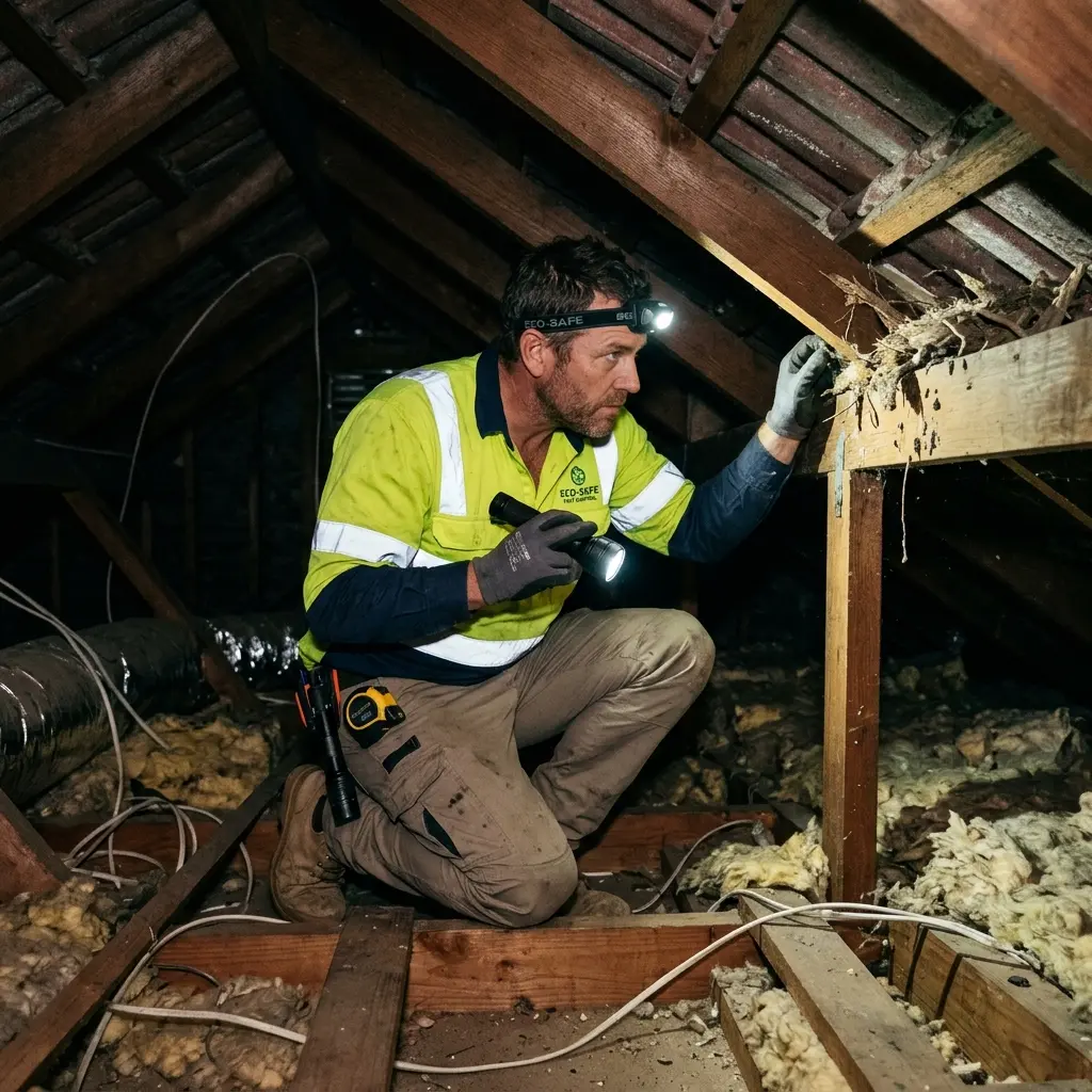 Technician inspecting a Coburg North roof cavity for a dead possum